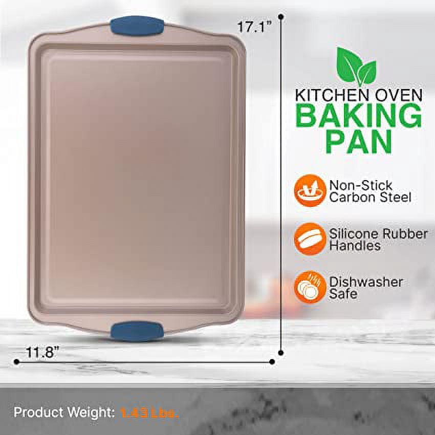 NutriChef 17” Non-Stick Baking Pan, Large Gold Cookie Sheet with Blue Silicone Handles, (Gold)
