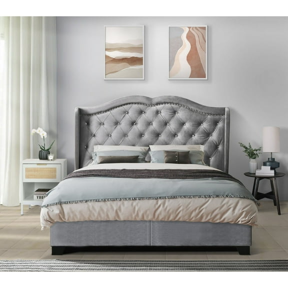 Home Design Aiden Wingback King Upholstered Panel Bed Frame with Tufted Headboard for Adult, Silver Gray, Easy Assembly