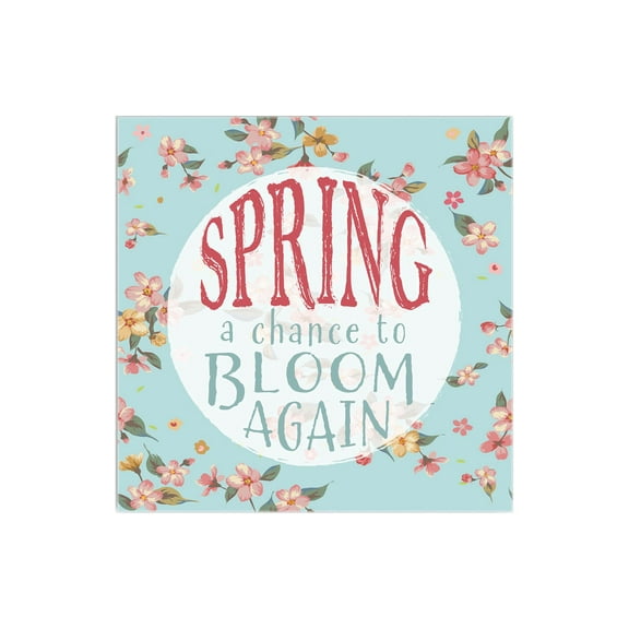 Spring Bloom Again Pink Floral Blue 12 x 12 Wood Wall Sign Plaque