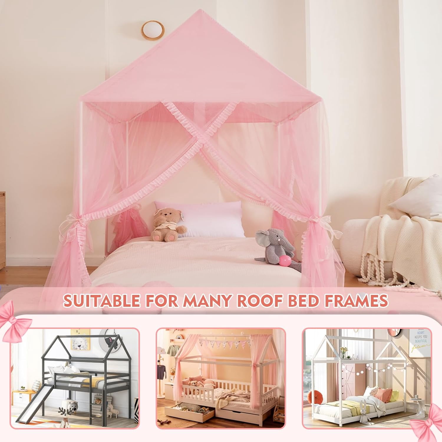 Princess Bed Canopy for Girls - Pink Bed Canopy Princess Castle Dreamy Playhouse Mosquito Net Reading Nook Canopies Play Tent Canopy Bed Curtains for Kids Room(Twin,Full)
