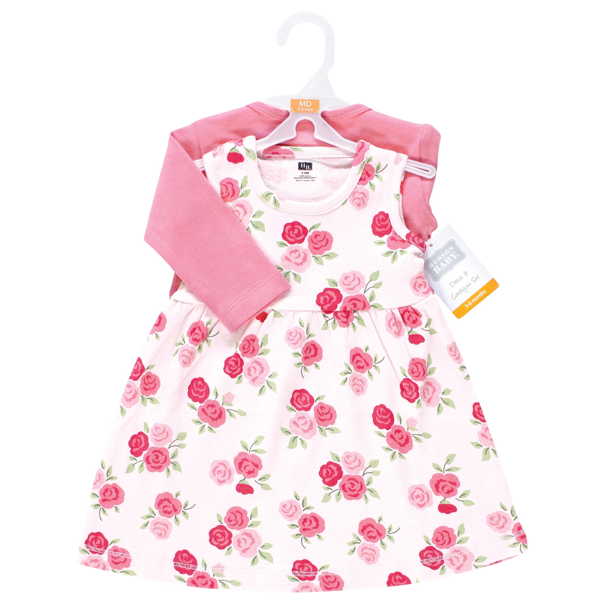 Hudson Baby Infant and Toddler Girls Cotton Dress and Cardigan Set, Bright Pink Rose, 9-12 Months