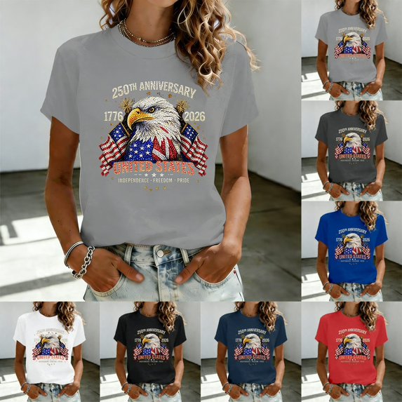 WJJIAO Women's 250th Anniversary Print Shirt Bald Eagle and USA Flag 250 anniversary usa flag Patriotic Tshirt