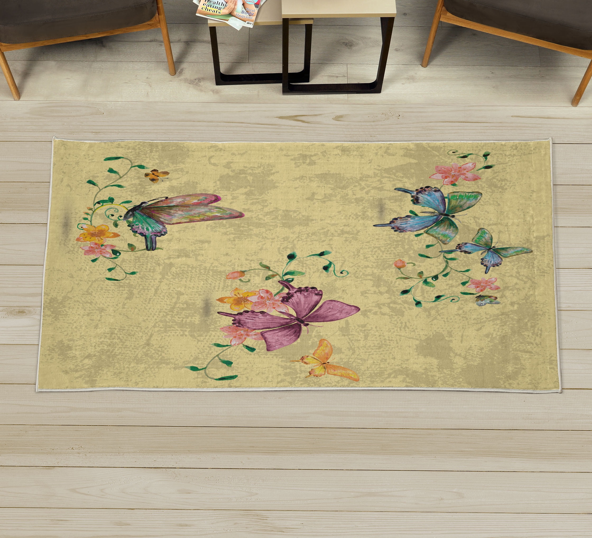 Butterfly Decorative Rug, Springtime Flying Moths on Vintage Style ...