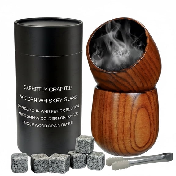 MQUPIN Premium Wood Whiskey Glass Gift Set, Handmade Carbonized Tumblers with 6 Granite Whiskey Stones, Perfect for Fathers Day & Birthdays