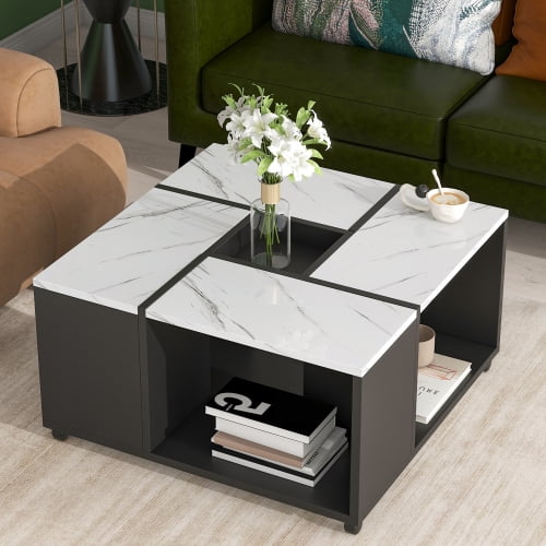 Churanty Gloss Coffee Table with Wheels and Marble Top, Square Cocktail