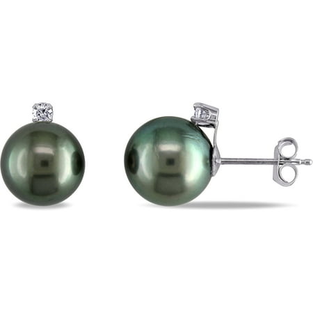 9-10mm Black Round Tahitian Pearl and Diamond Accent 14kt White Gold Stud Earrings