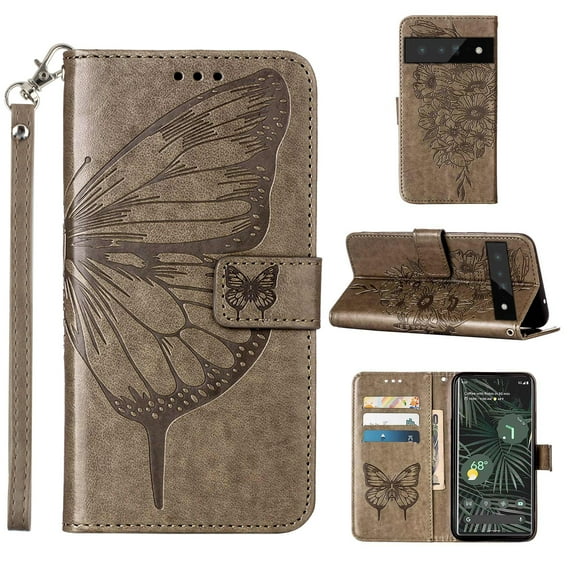 Dteck Wallet Case for Google Pixel 6 Pro,Butterfly & Flower Embossed PU Leather Magnetic Clasp Folio Flip Kickstand Card Holder Shockproof Protective Phone Cover with Wrist Strap,Gray