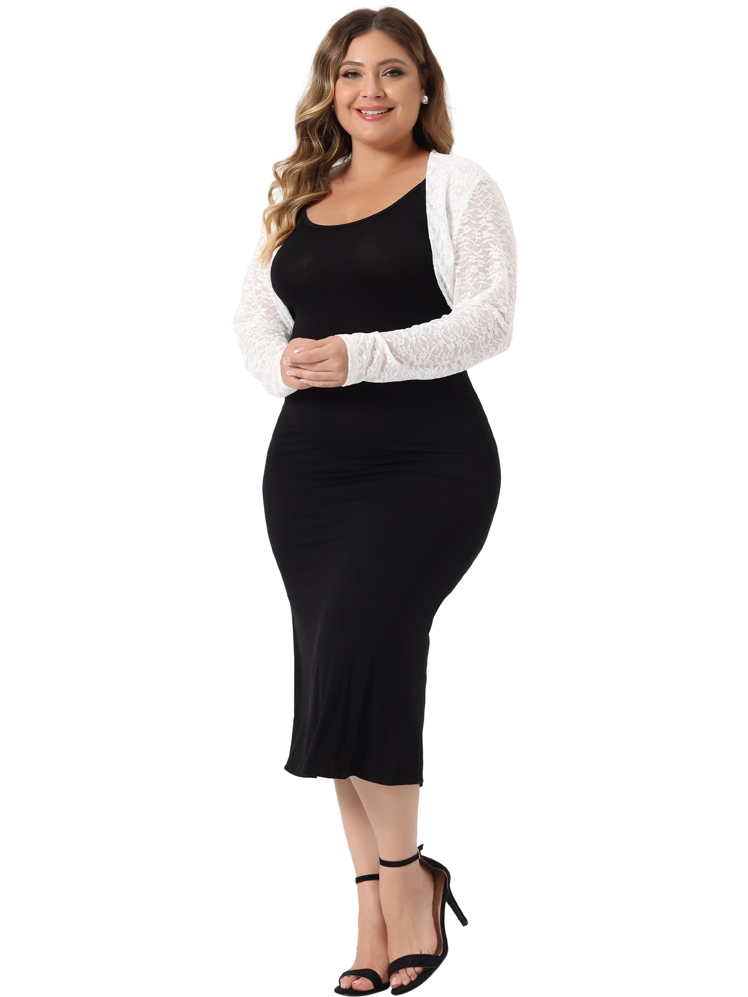 Unique Bargains Women Plus Size Sheer Open Front Cropped Long Sleeve Lace Cardigan 1X White