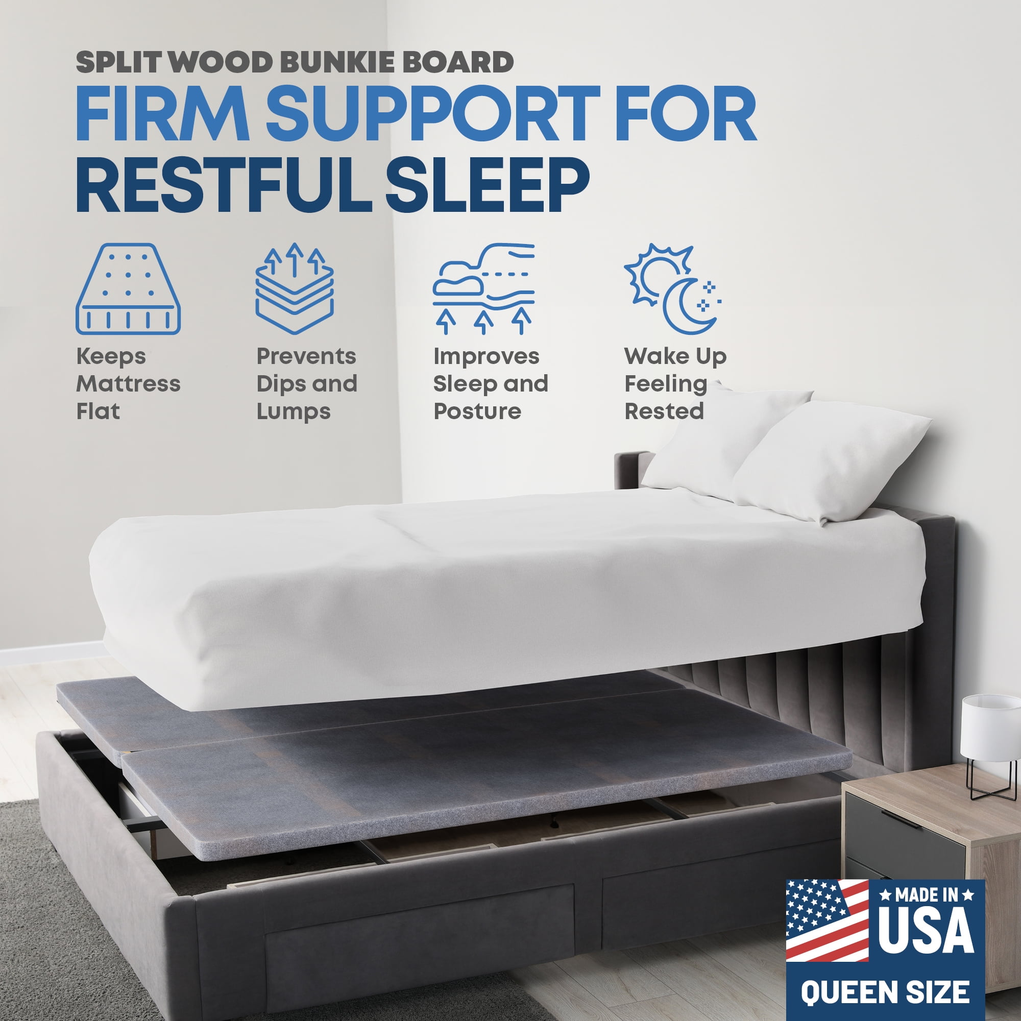 Continental Sleep, 38MM  Wood Bunkie Board for Queen Size Bed - Under Mattress Support Board, Fully Assembled, Fabric Ventilation Cover - Replaces Wooden Slats or Box Spring for Bed Frames
