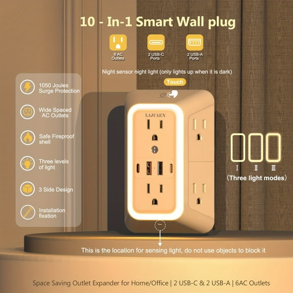 Smart USB Wall Charger Surge Protector Night Light - Multi Plug Extender with 6 Outlets & 4 USB Ports (2A 2C) 1050J, for Home, Office, Travel