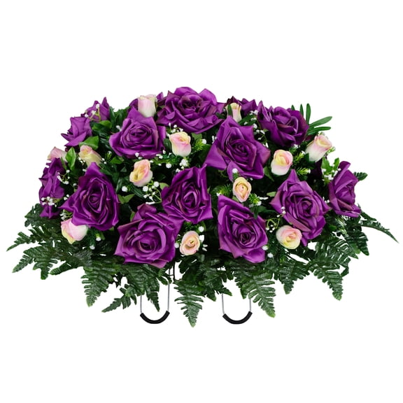 Sympathy Silks Artificial Cemetery Flowers - Purple Open Roses and Cream Pink Rose Buds - Outdoor Saddle for Headstone