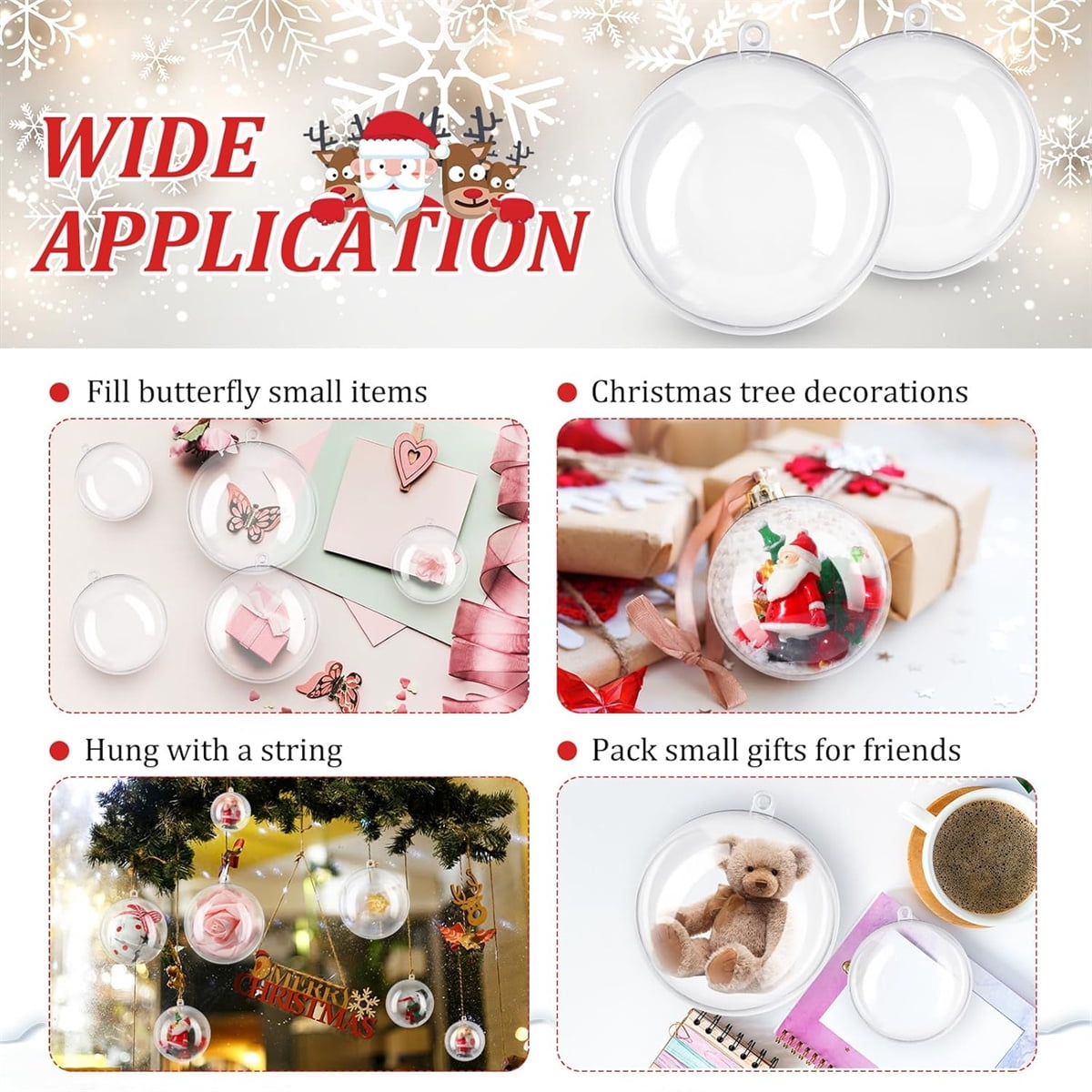 Yayun 50 Pcs Christmas Clear Plastic Fillable Balls, DIY Craft Transparent Baubles Christmas Tree Hanging Ornament for Birthday Valentine Decor (1.2 in/1.6 in/2 in/2.4in/2.8 in)