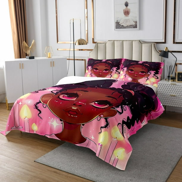 YST Black Princess Quilt Set For Girls Queen Black Little Girl Pink Bedding Set Cute American African Bedspread Set For Kids Princess Room Decor Afro