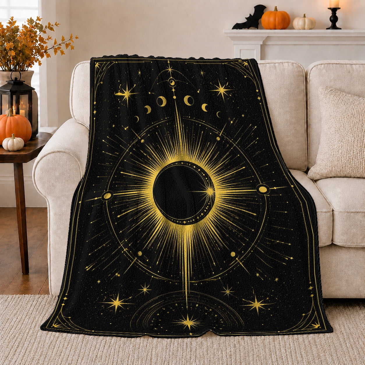 Golden Eclipse And Orbital Stars Geometric Celestial Line Illustration Housewarming Gift for Celestial Pattern Enthusiasts Cozy Flannel Blanket and Home Decor for Living Room and Bedroom