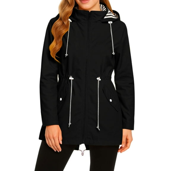 WTOBBY Womens Raincoats With Hood Lightweight Outdoor Hooded Waterproof Windbreaker Solid Trench Coat Jacket Plus Size, Fashionable for Sports,Black L