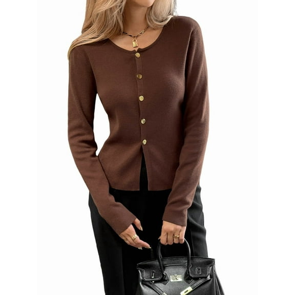 Women Fall Cardigan Sweaters Long Sleeve Button Up Ribbed Knit Tops Brown L