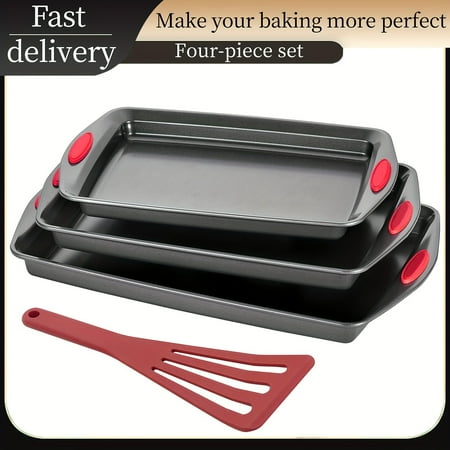 High Quality 3-piece Non-stick Steel Oven Baking Pan - Commercial Grade Restaurant Quality, Large, Medium and Small Pans with Red Silicone Handles - Easy to Clean, Black