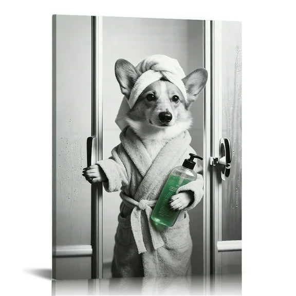 Hidden Frame Canvas Wall Art - Playful Corgi Bathing Decor Whimsical Black & White Popular Wall Decor for Bathroom 16x24in