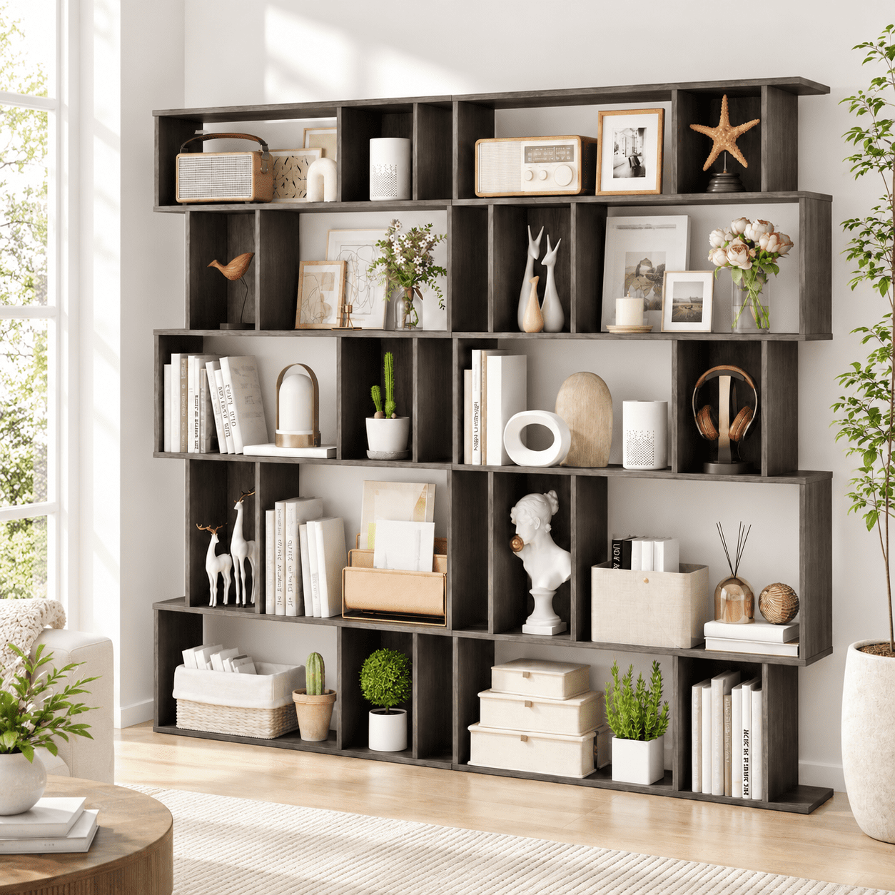 Furnibear 5 Tier Tall Bookshelf Bookcase with Open Shelves and Closed-Back Cube Storage for Living Room Home Office and Bedroom, Oak
