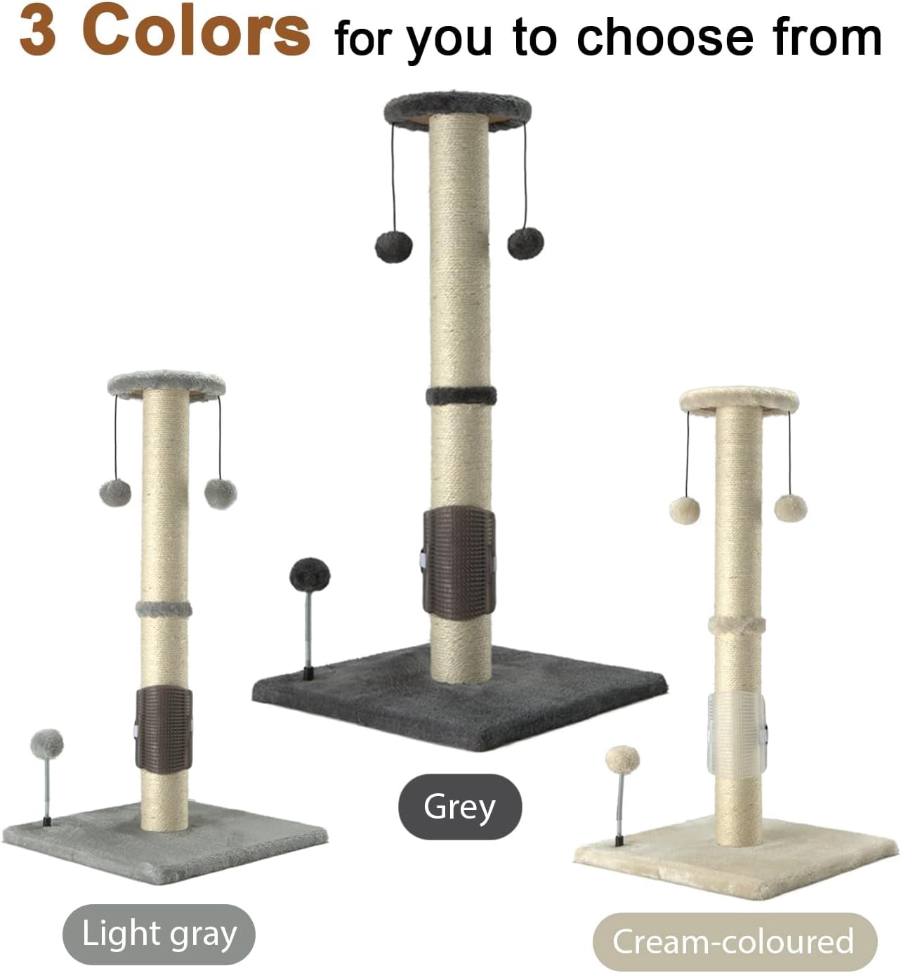 32" Tall Cat Scratching Post Sisal Scratch Posts with Hanging Ball and Self-Massage Brush Vertical Scratcher for Indoor Cats and Kittens(Light-Gray 32inches)