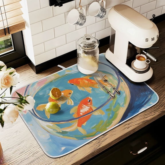 Yayeee Dish Drying Mat for Kitchen Counter 16" x 18" Microfiber Super Absorbent Coffee Decorative Pad, Art Goldfish