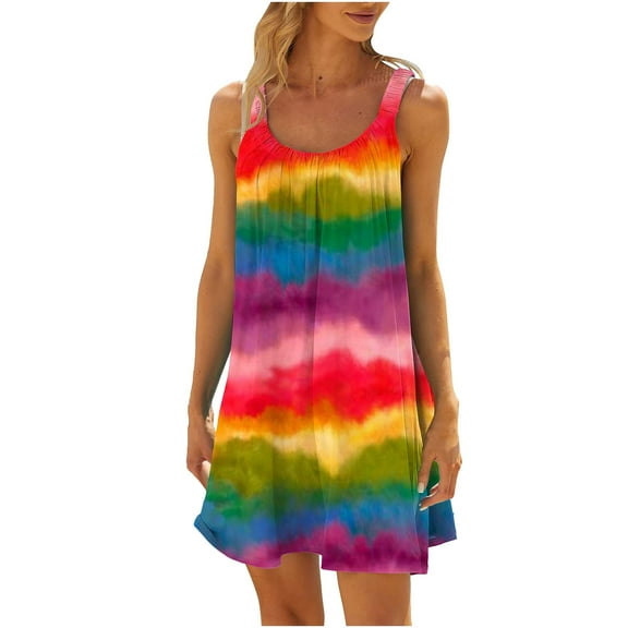 Lovskoo 2024 Spring Dresses for Women 2024 Summer Trendy Casual Printed Round-Neck Sleeveless Loose Knee-Length Dress Multicolor-XL