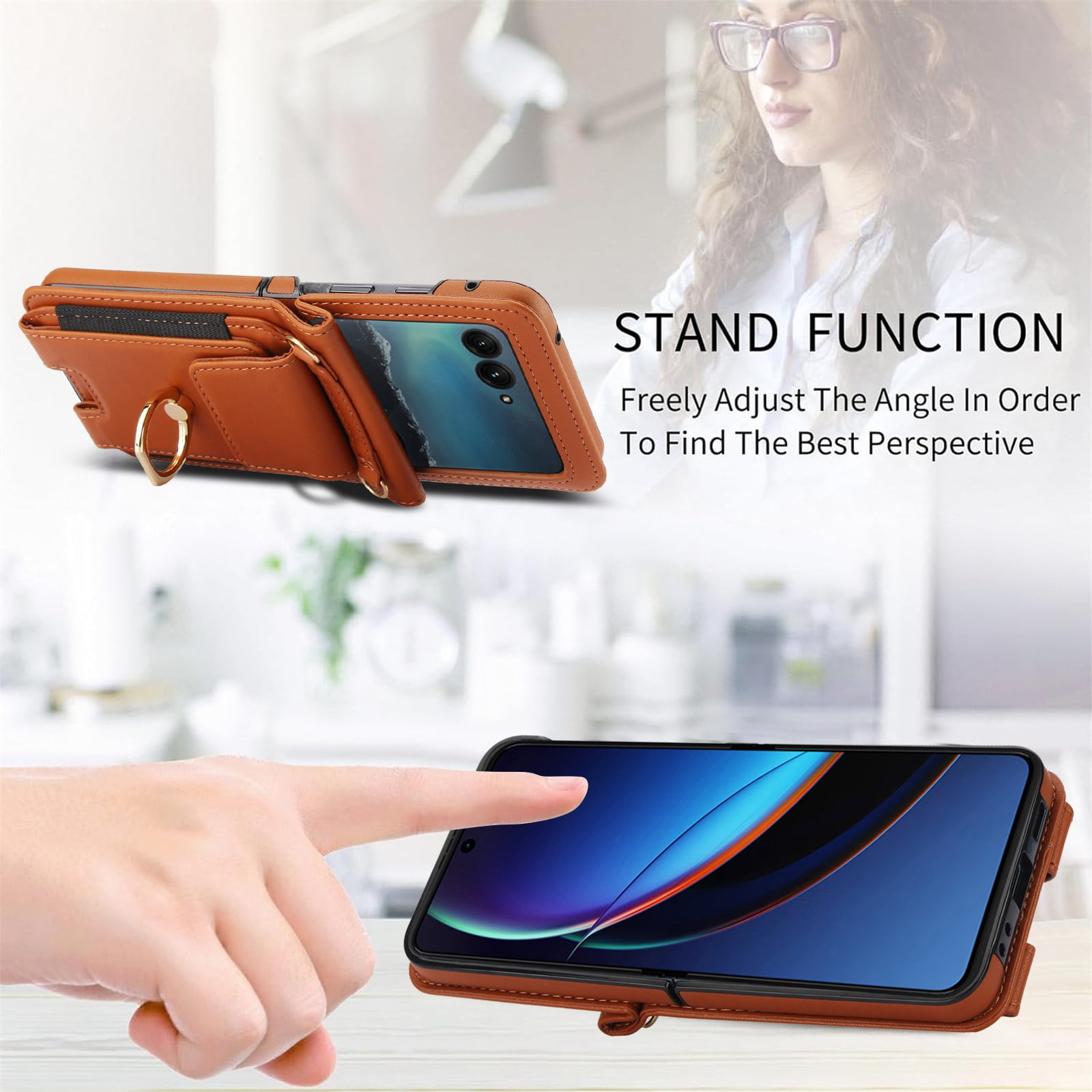 for Motorola Razr 2024 Case, Retro PU Leather Shockproof Protection Phone Case Wallet Built in Credit Card Slots Flip Cover Finger Ring Stand with Long Strap + Short Strap, Brown