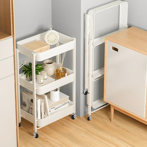 3 Tier Folding Metal Utility Rolling Cart with Lockable Wheels Mesh Wire Organizer Trolley Service Craft Cart Mobile Storage Organizer for Kitchen Bathroom Office Coffee Bar