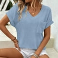 thumbnail image 5 of Kovlvoll Womens Tops V Neck Short Sleeve Shirts Summer Solid Color Casual Comfy Top with Pockets, 5 of 7