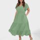 thumbnail image 2 of Vestido informal de talla grande para mujer con cuello en V, color liso, mangas con volantes y pliegues - Poliéster, moda de verano, 2 of 4