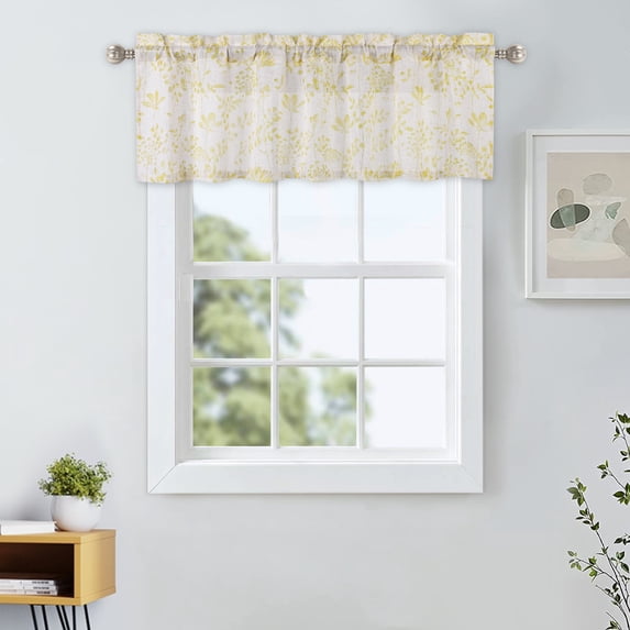 Haperlare Semi Sheer Valance Curtains 52"x15" Farmhouse Leaf Printed Kitchen Valance for Kitchen Dining Room Living Room, Yellow