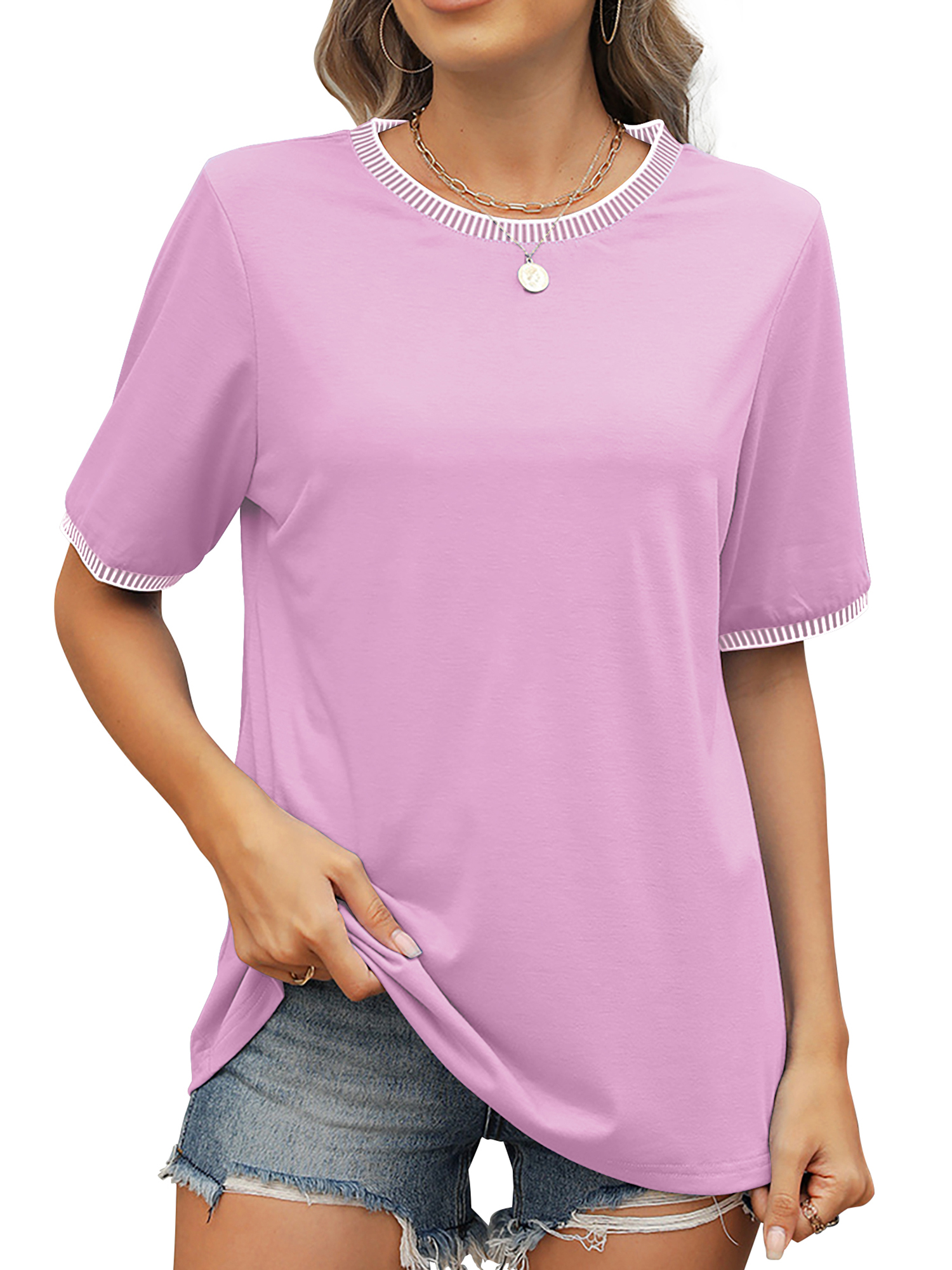 MOSHU Women's Colorblock Crew Neck Short Sleeve Blouse, Purple photo 2