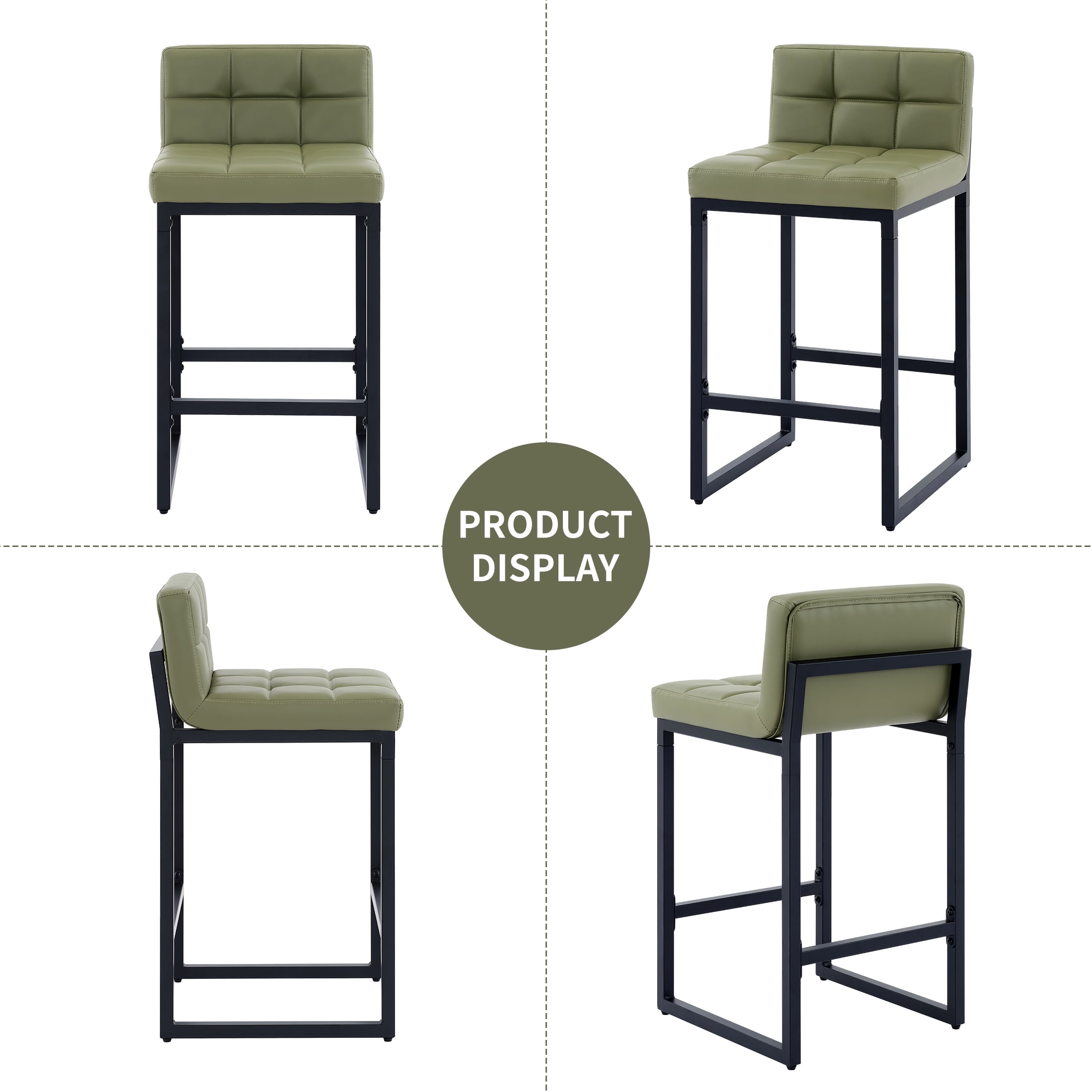 FIRAVOE Bar Stools Set of 3, Counter Height Bar Stools (Low Back)(Thickened Frame) 26" PU Leather Barstools Bar Chairs for Kitchen Island, Green