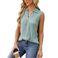 thumbnail image 2 of TEMOFON Women Tank Tops Summer Sleeveless Top Fashion Lapel Collar Tshirt Casual V Neck Tunic Solid Color Tees Striped Texture Mintgreen Tshirt Size L, 2 of 5