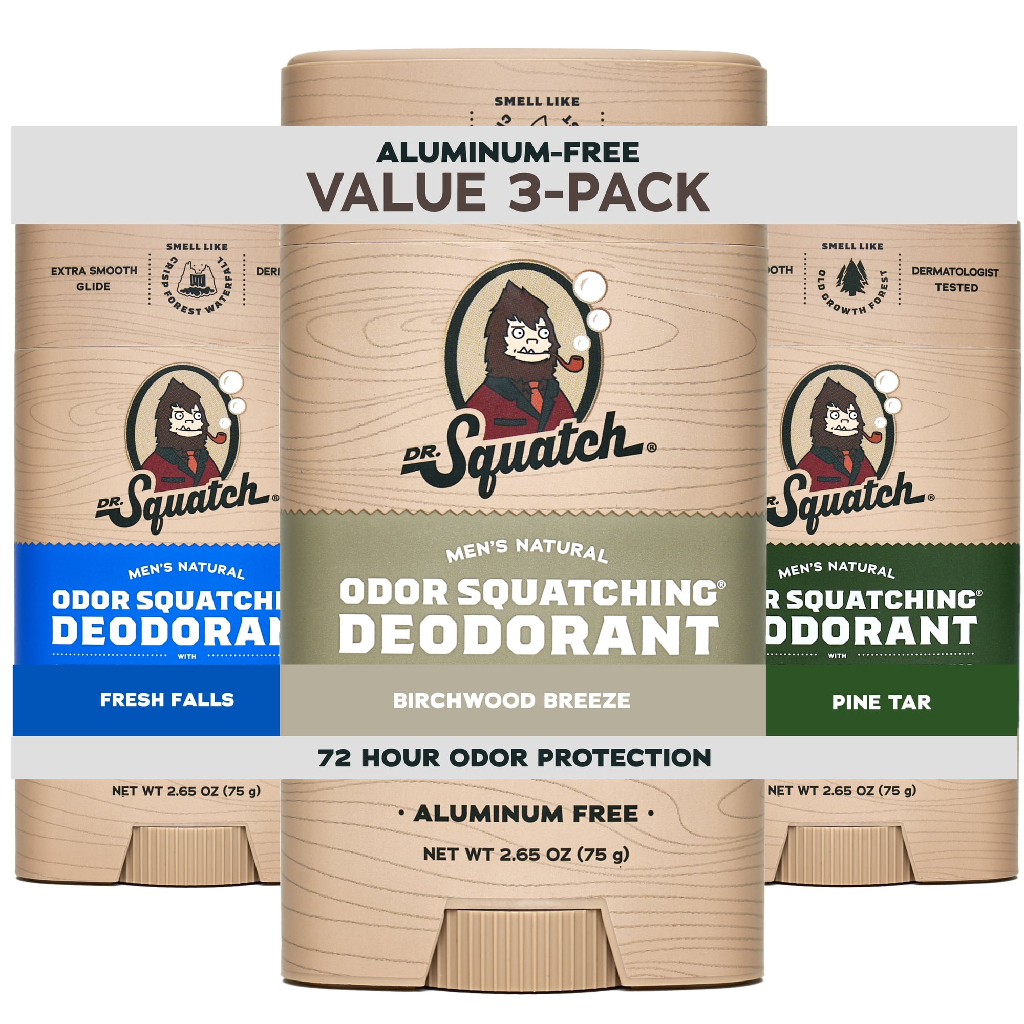 Dr. Squatch Mens Aluminum Free Deodorant Set, Natural Deodorant for Men, Birchwood Breeze + Fresh Falls + Pine Tar, 2.65 oz, 3 Pack