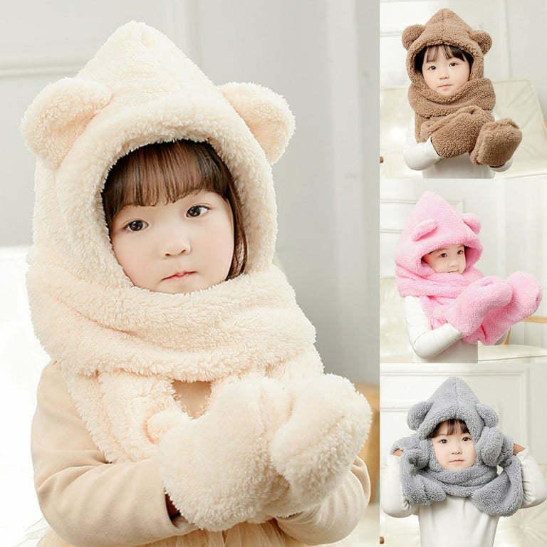 RIJPEX 2 in 1 Cute Cartoon Children's Warm Plush Hat,Winter Hat and Scarf  All in One, Plush Thickened Two-Piece Set (Bear2,One Size)