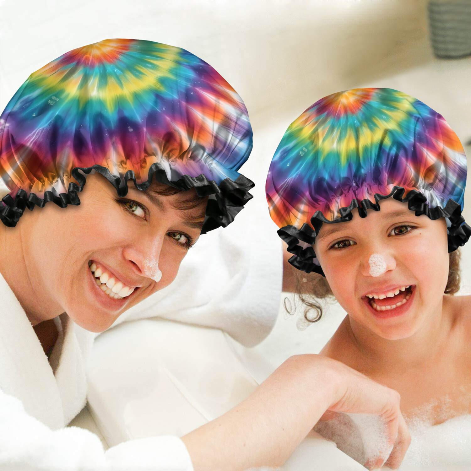 Shower Caps,Rainbow Tie Dye Mandala Pattern Waterproof Shower Cap for Women 4 Pieces,Double Reusable Hair Cover for Shower PEVA Elastic Stretch Hem