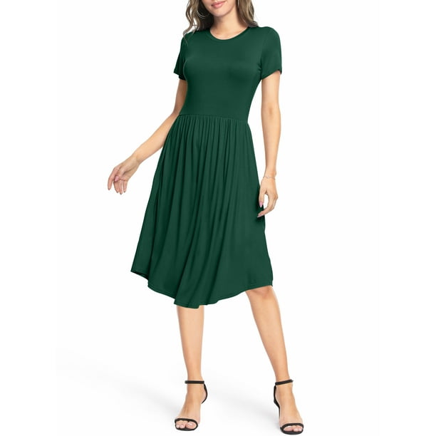 YUNDAI Women's Short Sleeve Casual Dress Pleated Loose Flowy Midi