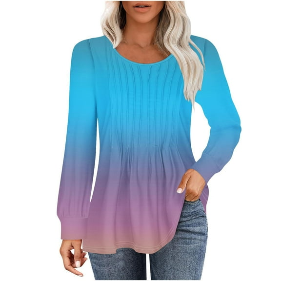 Jalioing Blouse for Women Gradient Color Tunic Top Dressy Casual Long Sleeve Pleated Classic Tops