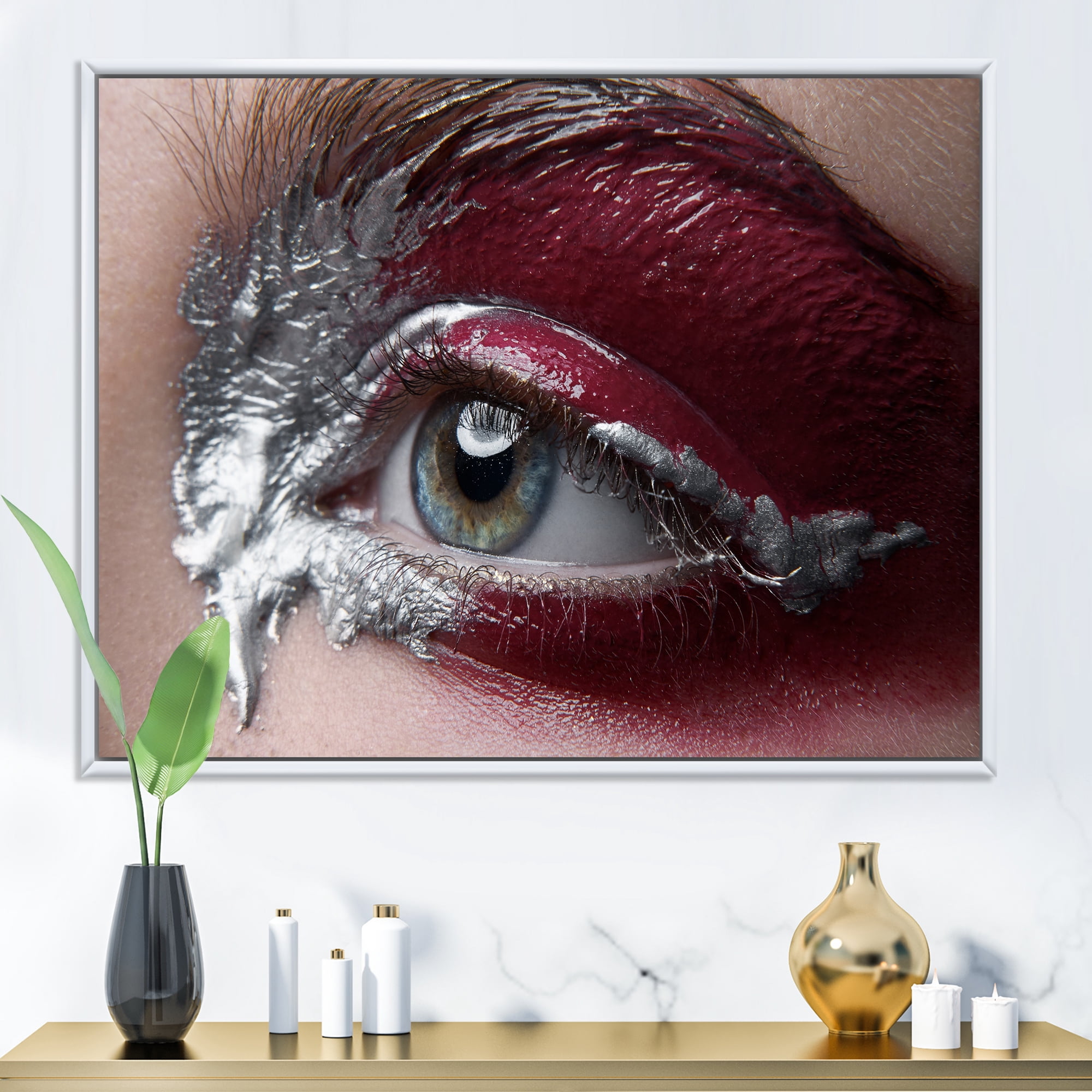 Designart 'Close Up of A Woman Eye With Red Makeup On' Modern Framed Canvas Wall Art Print
