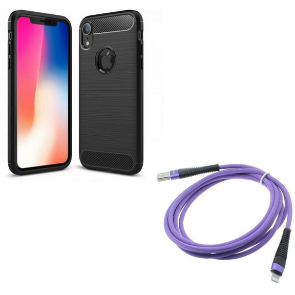 Case w 6ft USB Cable for iPhone XR - Carbon Fiber Slim Fit Cover Reinforced Bumper Shock Absorbent, Purple Charger Cord Power Wire Braided Compatible With iPhone XR