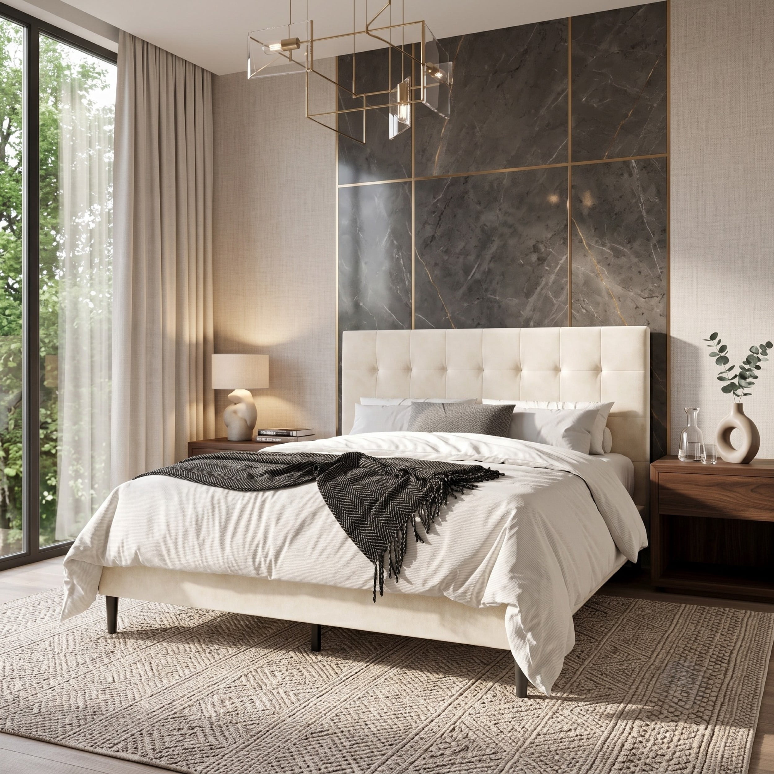 Home Design Marion King Tufted Upholstered Platform Bed Frame with Tufted Headboard and Plush Padding, Beige, Easy Assembly