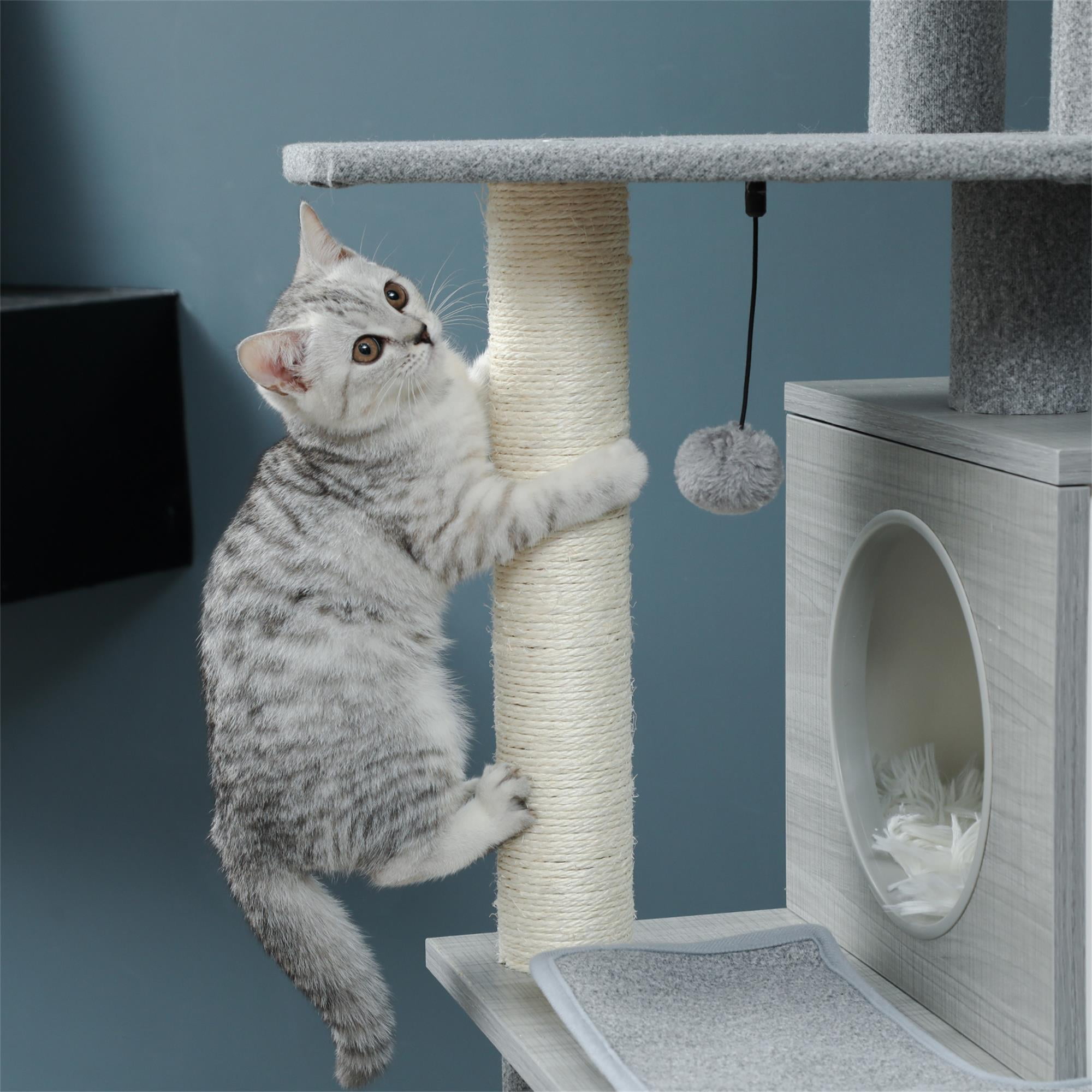 resenkos 61" Cat Tree Tower for Indoor Wood Kitten Furniture Cat Condo for Adult Cats Activity Center Play House with Ladder, Gray