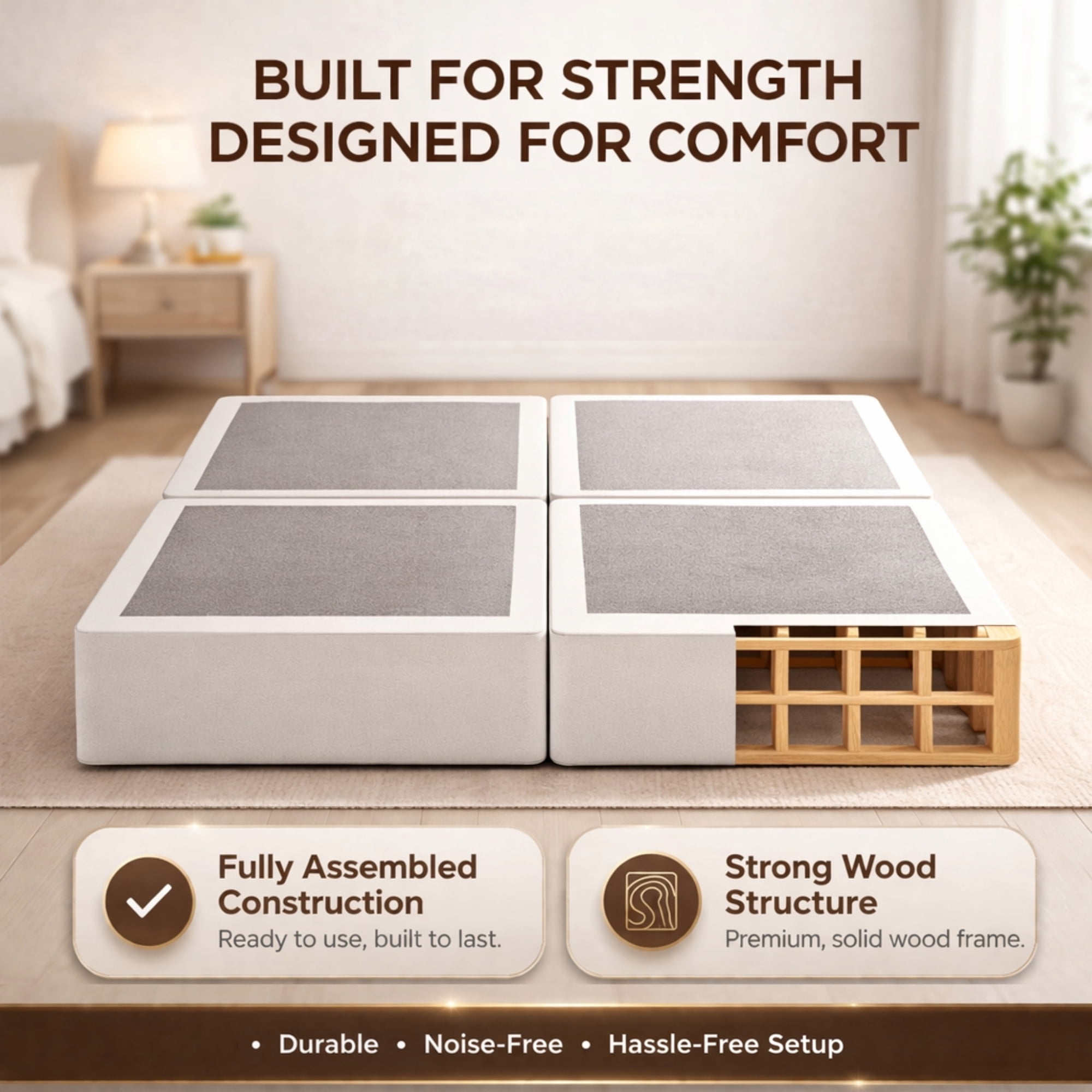 Continental Sleep, Box Spring Bed Base King(Fold) Size, 8-Inch Wood Mattress Foundation, Quiet Noise Free, 4-Pieces Under Mattress Support BoxSpring, Fully Assembled, White