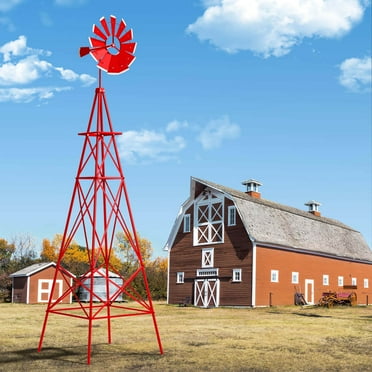 Costway 8 ft Ornamental Windmill with 4 Support Legs Decorative Weathervane for Backyard Red