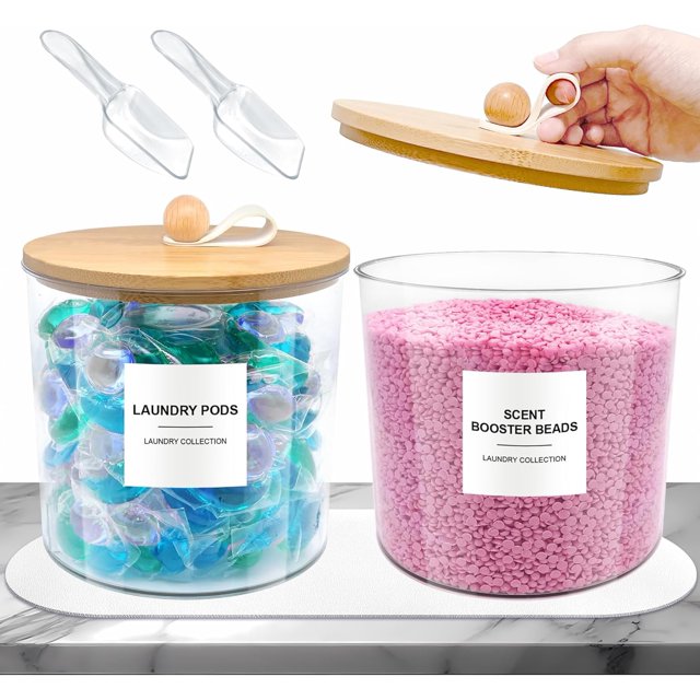 2 Pack Laundry Room Organization laundry detergent dispenser, Laundry Organization and Storage Container with Lids and Labels, Scoop, Non-Slip PU Leather Pad for Laundry Detergent, Pods, Scent Booster