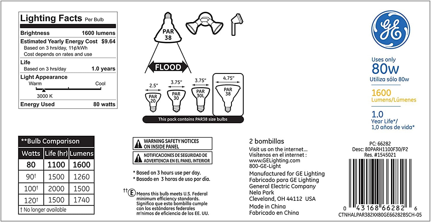 GE Lighting Halogen PAR38 Indoor and Outdoor Flood Light Bulbs, 80-Watts, 1600 Lumen, Medium Base, White, 2-Pack
