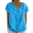 thumbnail image 3 of Aboser Asymmetrical Shirts for Women Trendy Cotton Linen Tops Dressy Casual Short Sleeve T Shirt Solid Color Beach Blouse Breathable Cozy Tunic Top Blue M, 3 of 7