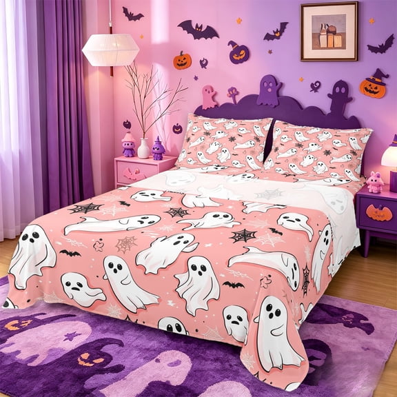 Homewish Cartoon Halloween Ghost Bed Sheets,Spider Web Bat Pattern Full Size Sheets,Blush Pink White,4 Pieces,1 Flat Sheet,1 Fitted Sheet and 2 Pillowcases