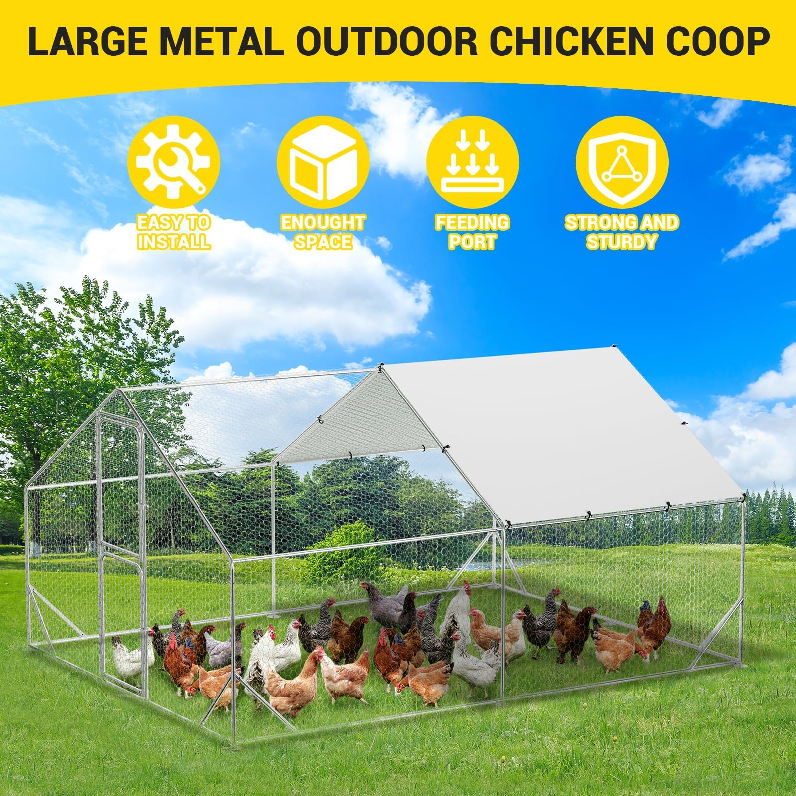 Huisuilinss Large Metal Chicken Coop Poultry Cage With Waterproof Cover Walk-in Metal Poultry Cage Peaked Hen House Chicken Run Pen Dog Kennel Duck Rabbit House For Outdoor Backyard Farm